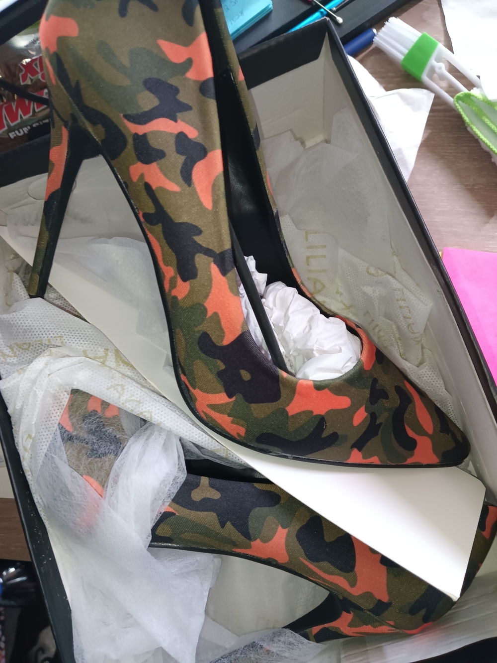 Liliana Camouflage Orange Green Black Pointed Toe Stiletto Heels
